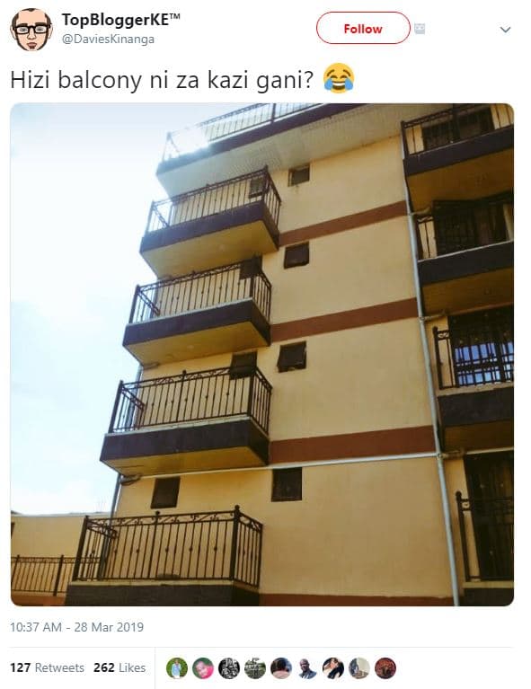 Topbloggerketm davieskinanga follow hizi balcony ni za kazi gani? 10.37 am 28 ma