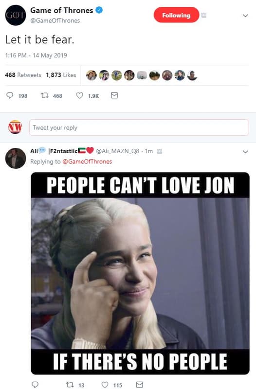 Game of thrones gameofthrones following let it be fear. 1,16 pm _ 14 may 468 ret