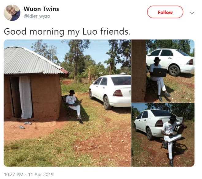 Wuon twins idler_wyzo follow good morning my luo friends. 10.27 pm 11 apr