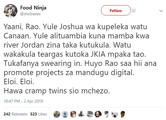 Food ninja shobanes follow yaani rao. yule joshua wa kupeleka watu canaan. yule