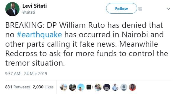 Levi sitati sitati follow breaking dp william ruto has denied that no earthquake