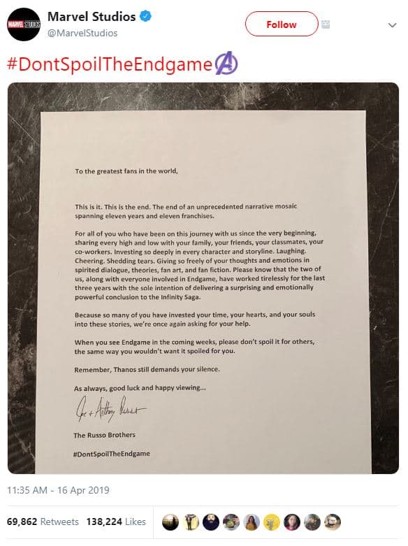 Marvel studios marvelstudios follow dontspoiltheendgame greatest fans the world,