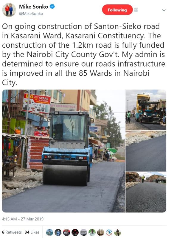 Mike sonko mikesonko following on going construction of santonsieko road in kasa