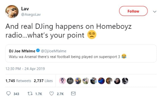 Lav asegolav follow and real djing happens on homeboyz radio. what's your point