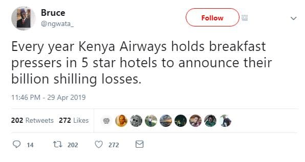 Bruce ngwata follow every year kenya airways holds breakfast pressers in 5 star