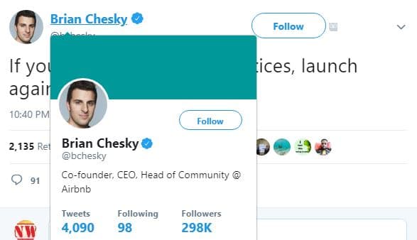 Brian chesky follow if yol agair 10.40 pmii tices, launch follow 2,135 ret brian