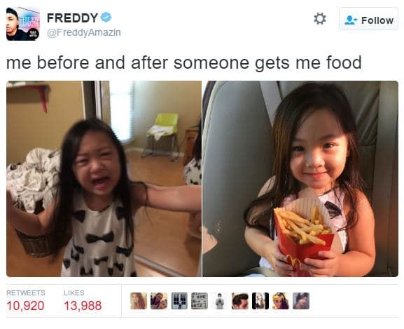 Freddy freddy amazin follow me before and after someone gets me food retweets 10