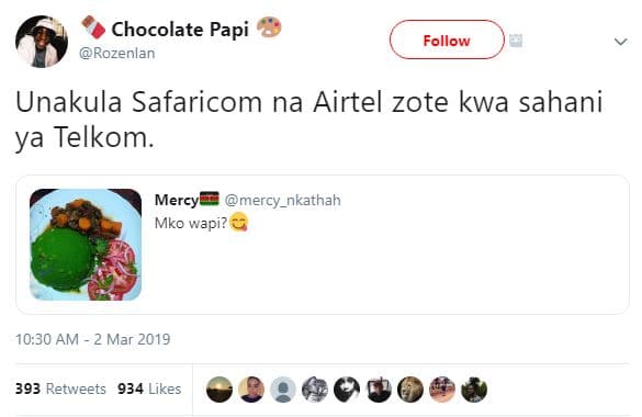 Chocolate papi rozenlan follow unakula safaricom na airtel zote kwa sahani ya te