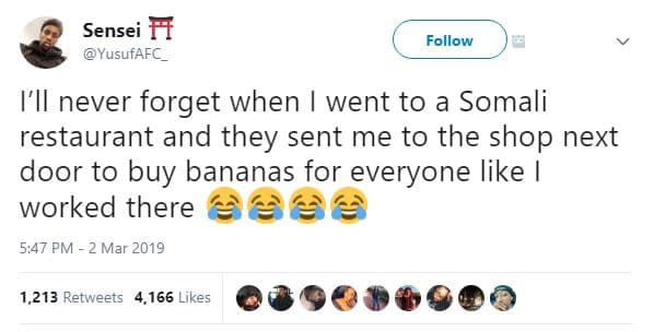 Sensei ff yusufafc _ follow iil never forget when went to somali restaurant and