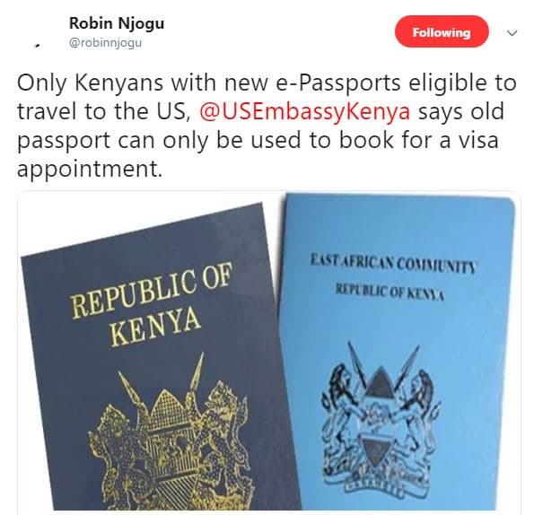 Robin njogu robinnjogu following only kenyans with new epassports eligible to tr