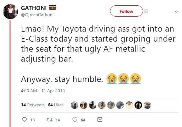 Gathoni queengathoni follow lmao! my toyota driving ass got into an eclass today