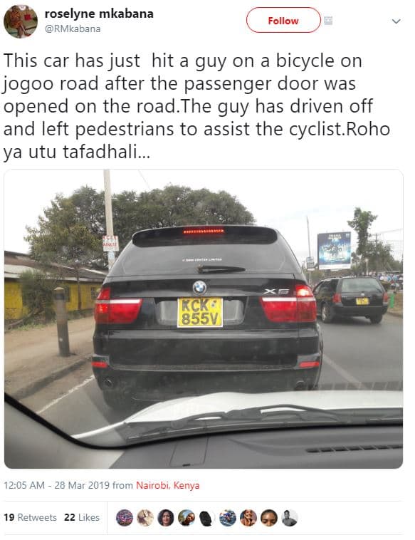 Roselyne mkabana rmkabana follow this car has just hit a guy on a bicycle on jog