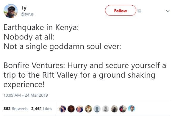 Ty tyrus follow earthquake in kenya nobody at all not a single goddamn soul ever