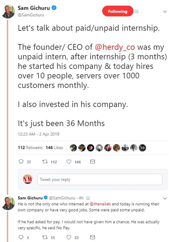 Sam gichuru samgichuru following let's talk about paidunpaid internship. the fou