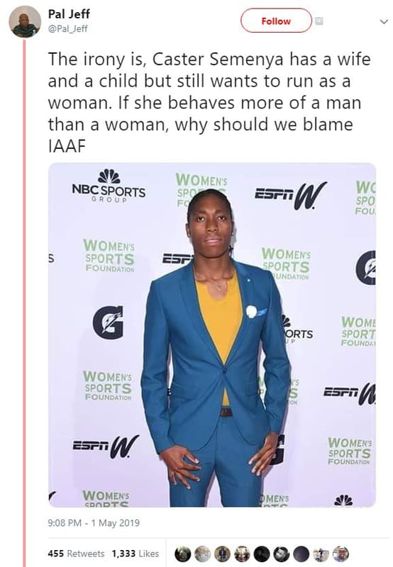 Pal jeff pal_jeff follow the irony is, caster semenya has wife and a child but s