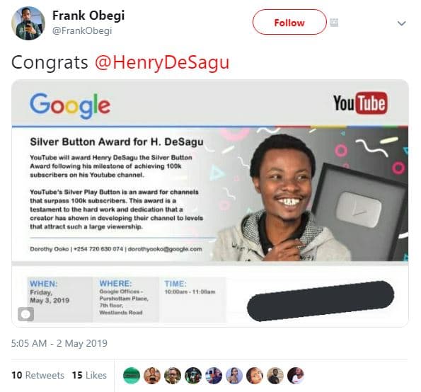 Frank obegi frankobegi follow congrats henrydesagu google silver button award fo