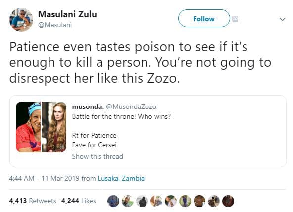 Masulani zulu masulani _ follow patience even tastes poison to see if it's enoug