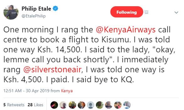 Philip etale etalephilip following one morning rang the kenyaairways call centre