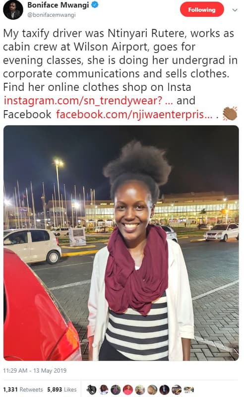 Boniface mwangi bonifacemwangi following my taxify driver was ntinyari rutere wo