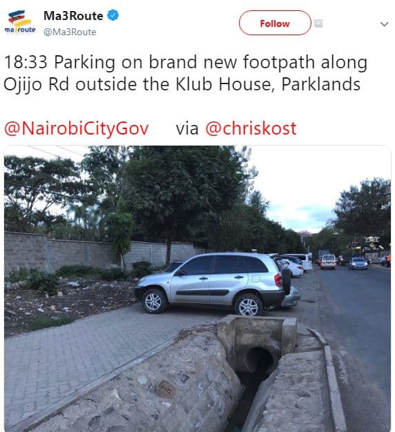 Ma3route oute ma3route follow 18.33 parking on brand new footpath along ojijo rd
