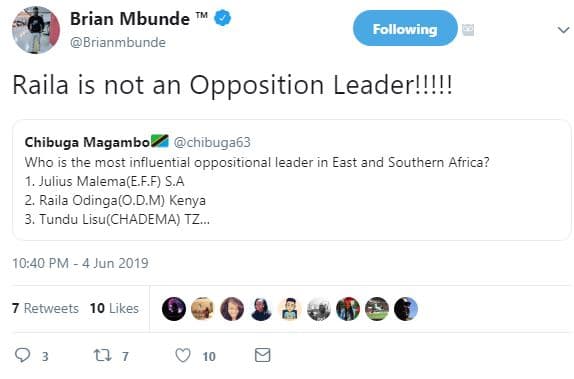 Brian mbunde brianmbunde following raila is not an opposition leader!!!!! chibug