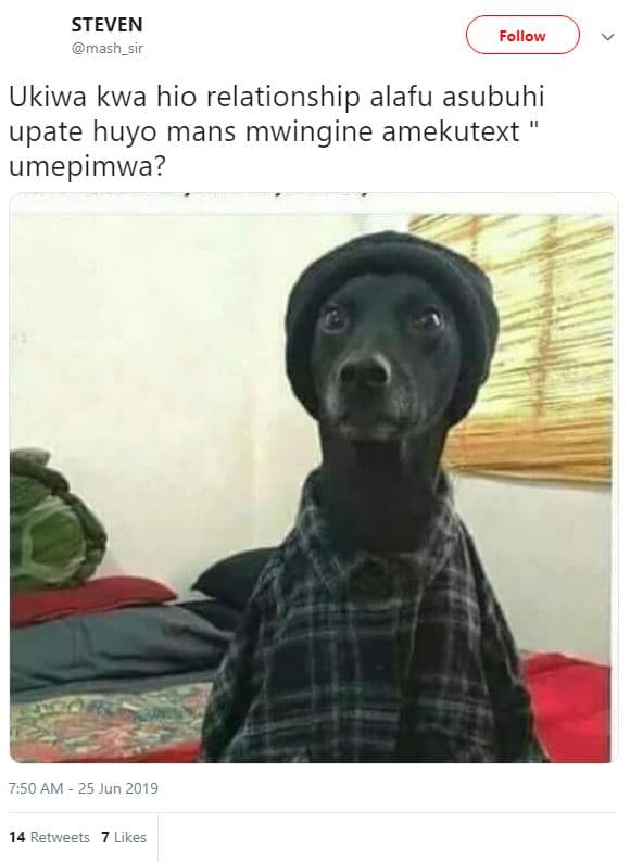 Steven mash_sir follow ukiwa kwa hio relationship alafu asubuhi upate huyo mans