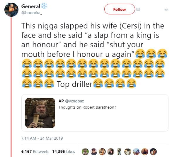General bogorka follow this nigga slapped his wife cersi in the face and she sai