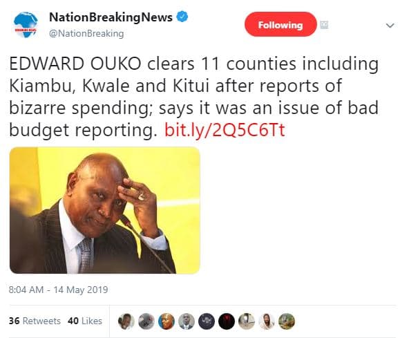 Nationbreakingnews nationbreaking following edward ouko clears 11 counties inclu