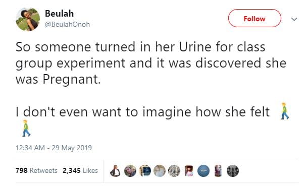 Beulah beulahonoh follow so someone turned in her urine for class group experime