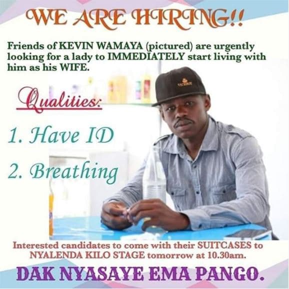 Qe are hring friends of kevin wamaya pictured are urgently looking for lady to i