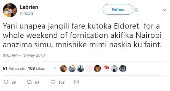 Lebrian nzots follow yani unapea jangili fare kutoka eldoret for a whole weekend