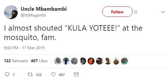 Uncle mbambambi itsmugambi follow almost shouted kula yoteee! at the mosquito fa