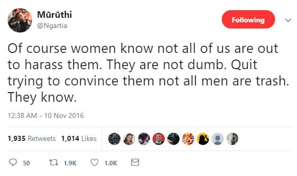 Mzrüthi ngartia following of course women know not all of us are out to harass t