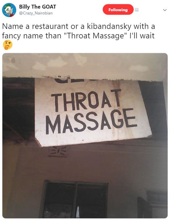 Billy the goat crazy_nairobian following name a restaurant or a kibandansky with