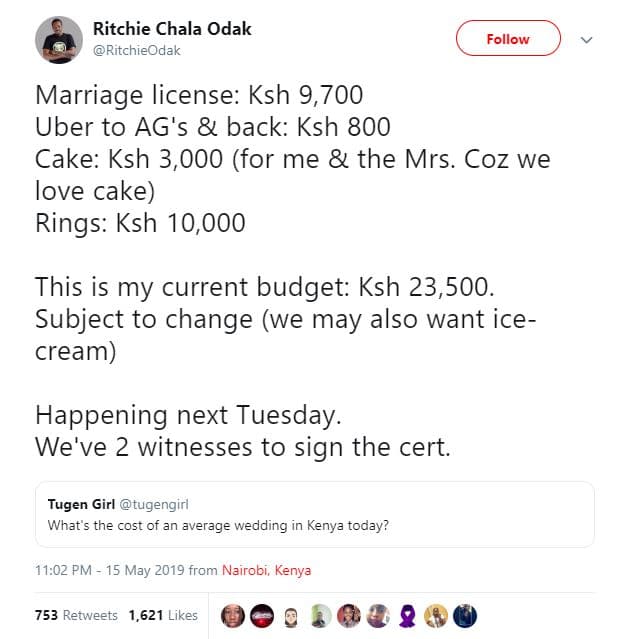Ritchie chala odak ritchieodak follow marriage license ksh 9,700 uber to ag's ba