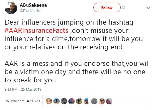 Abusakeena fauzkhalid follow dear influencers jumping on the hashtag aarinsuranc