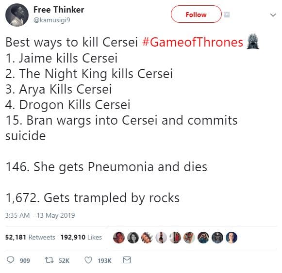 Free thinker kamusigi9 follow best ways to kill cersei gameofthrones 1. jaime ki
