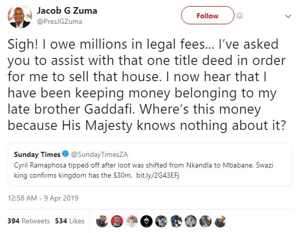 Jacob g zuma presjgzuma follow sigh! owe millions in legal fees. ive asked you t