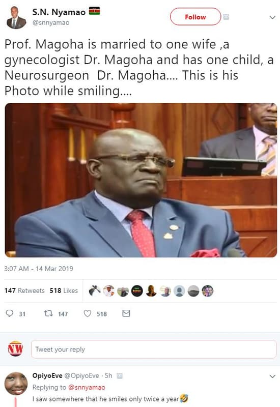 S.n. nyamao snnyamao follow prof. magoha is married to one wife ,a gynecologist