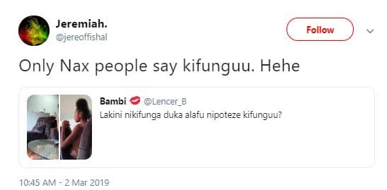 Jeremiah jereoffishal follow only nax people say kifunguu. hehe bambi lencer_b l