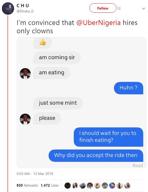 Chu ebuka follow im convinced that ubernigeria hires only clowns am coming sir a