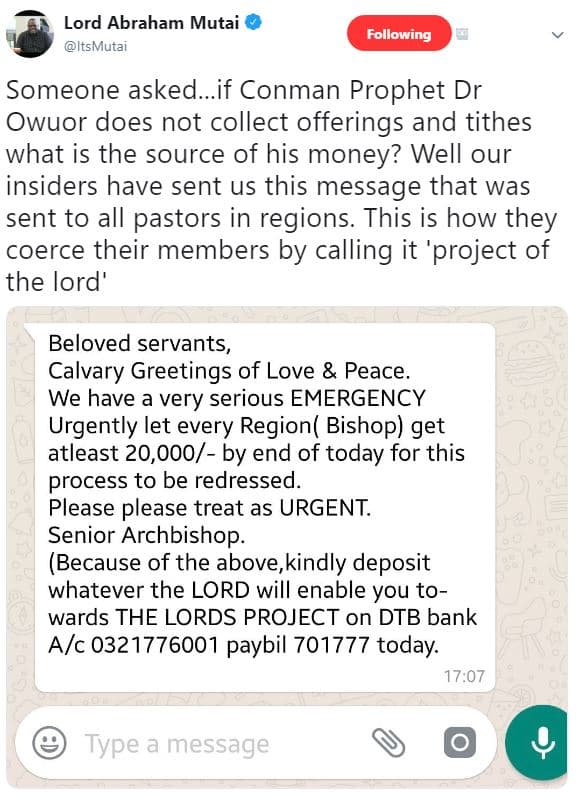 Lord abraham mutai itsmutai following someone asked_if conman prophet dr owuor d