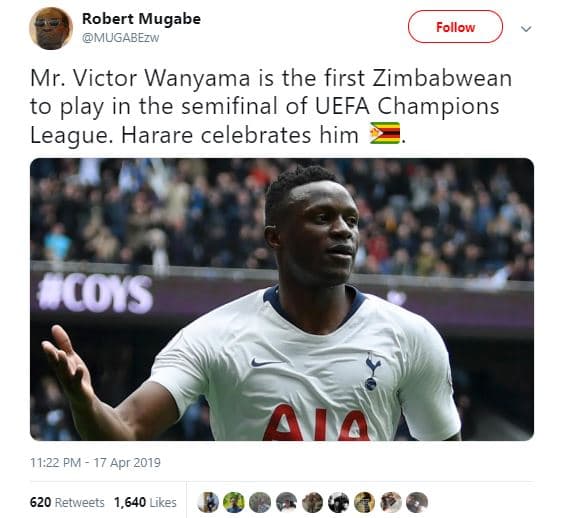 Robert mugabe mugabezw follow mr. victor wanyama is the first zimbabwean to play