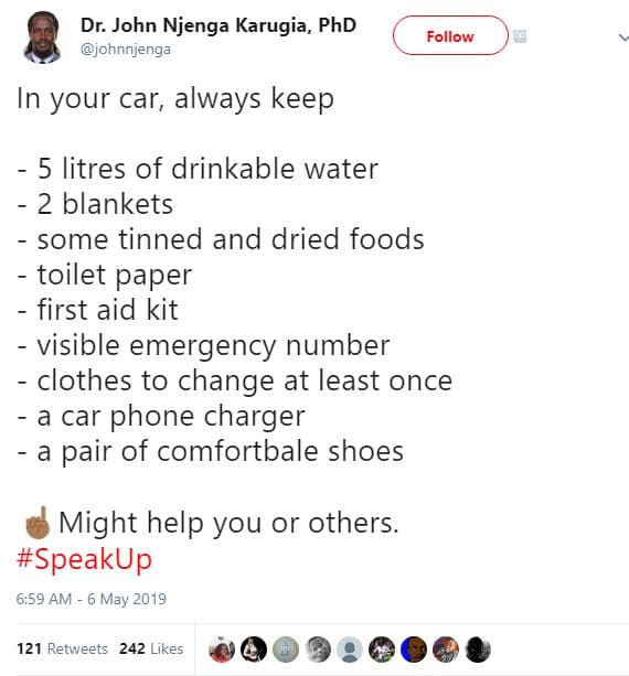 Dr. john njenga karugia, phd johnnjenga follow in your car, always keep 5 litres