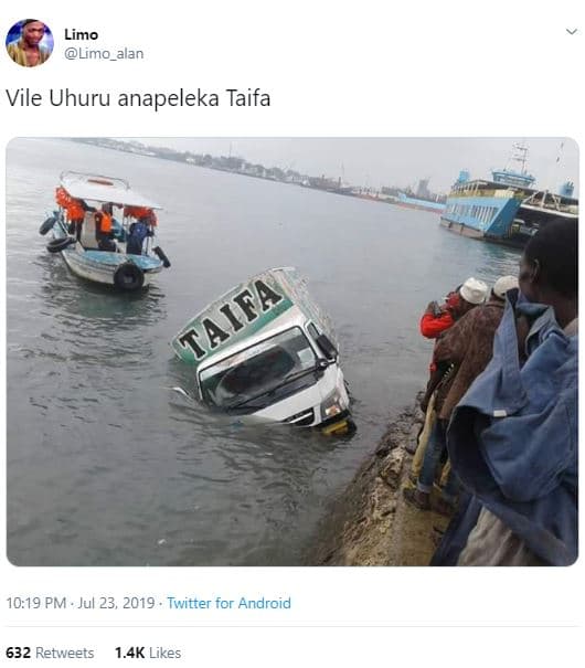 Limo limo_alan vile uhuru anapeleka taifa 10.19 pm jul 23, twitter for android 6