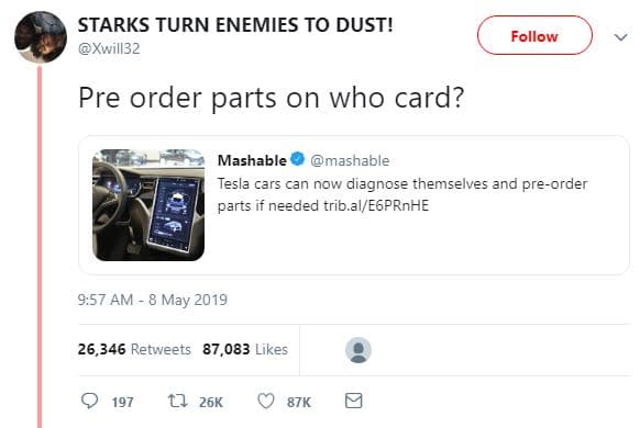 Starks turn enemies to dust! xwill32 follow pre order parts on who card? mashabl