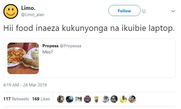 Limo. limo_alan follow hii food inaeza kukunyonga na ikuibie laptop. propesa pro