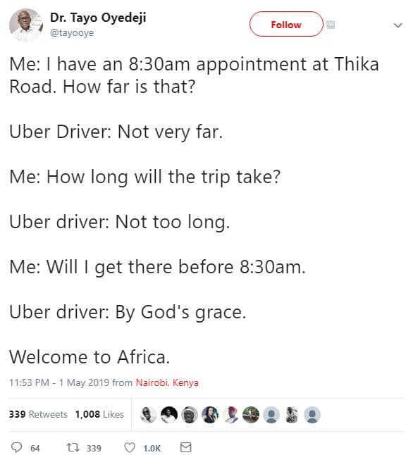 Dr. tayo oyedeji tayooye follow me have an 8.30am appointment at thika road. how