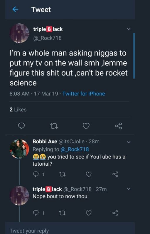 Tweet triple b lack _rock718 im a whole man asking niggas to put my tv on the wa