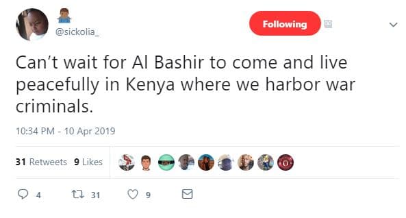 Following sickolia can't wait for al bashir to come and live peacefully in kenya
